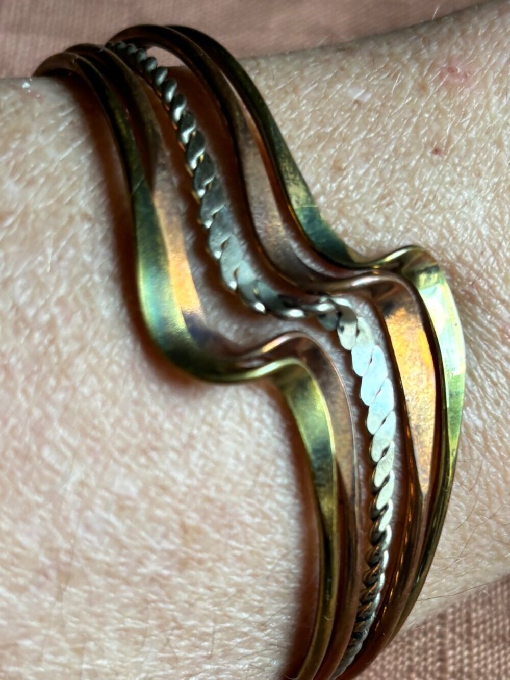 Vintage Boho Wavy Multi-Strand Tri-Metal Stacking Cuff Bracelet
